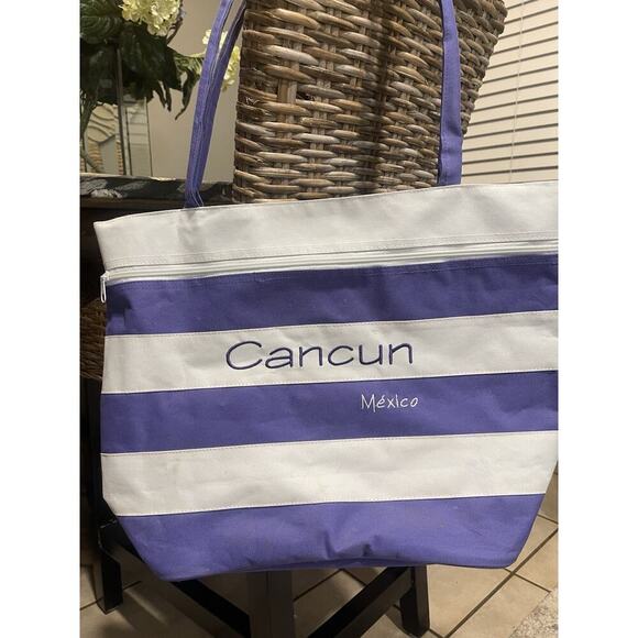 5th & Ocean Handbags - Cancun Mexico 18" Large Striped Beach Tote Bag, Purple, Zippered Beach Towel Bag